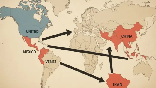 A strategic world map showing connections between Venezuela, Mexico, Iran and China, with military arrows pointing from USA to these countries, concept of geopolitical containment strategy.