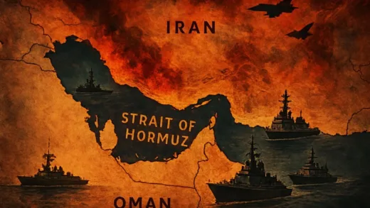 A map showing the Hormuz Strait with a military tension atmosphere and naval ships nearby, digital art style, high quality.