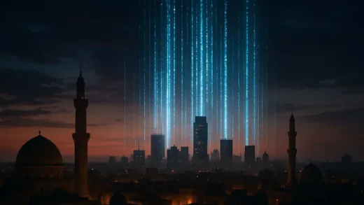 A dramatic and cinematic view of a Middle Eastern city skyline at twilight, with glowing data streams rising into the sky, symbolizing a major geopolitical shift.