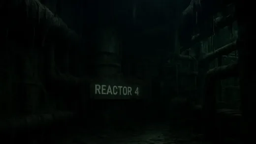 The abandoned interior of Chernobyl Reactor 4 with thick black fungi covering pipes and walls, eerie atmosphere with faint green light, cinematic 8k resolution.