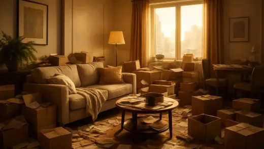 A luxury apartment interior filled with unnecessary clutter and boxes, golden light shining through the window, representing hidden financial loss, high resolution.