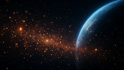 Cinematic view of microscopic cosmic dust particles glowing in deep space near Earth, high resolution, realistic style, 8k.