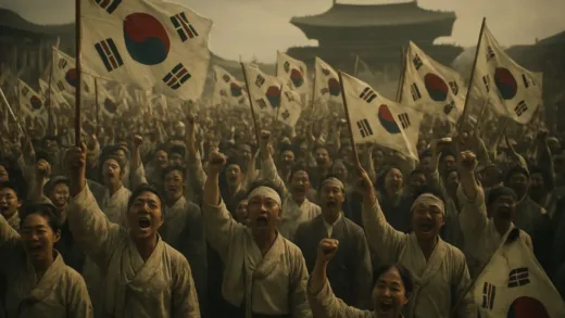 A historical scene of a massive crowd of people in traditional Korean Hanbok waving flags and cheering in a public square in 1919, cinematic lighting, historical atmosphere.