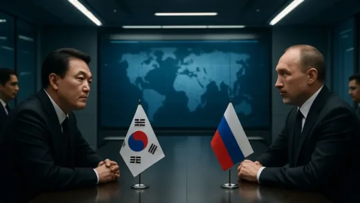 A modern diplomatic meeting between South Korea and Russia representatives in a neutral high-tech setting, cinematic 2026 style, 8k resolution.