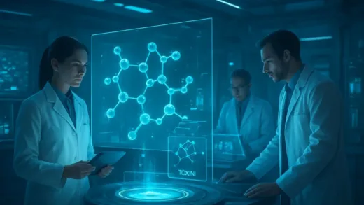 A futuristic laboratory scene in 2026 where scientists are analyzing molecular structures of toxins under a holographic display, representing medical breakthroughs.