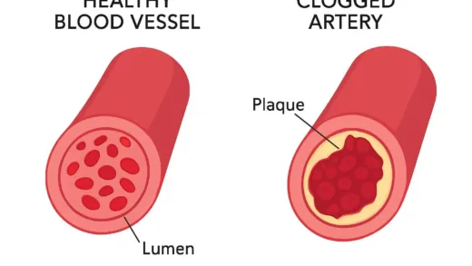 An illustration showing a healthy blood vessel compared to a clogged artery with plaque buildup, using medical diagram style with clear labels.