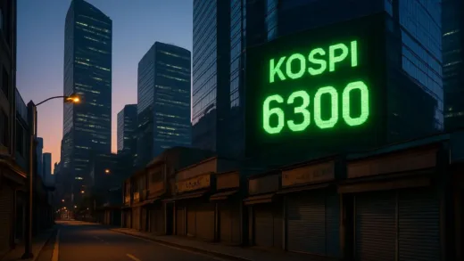 A futuristic financial district in Seoul with a digital screen displaying KOSPI 6300 in glowing green numbers, contrasting with a quiet street of small closed shops in the evening light.