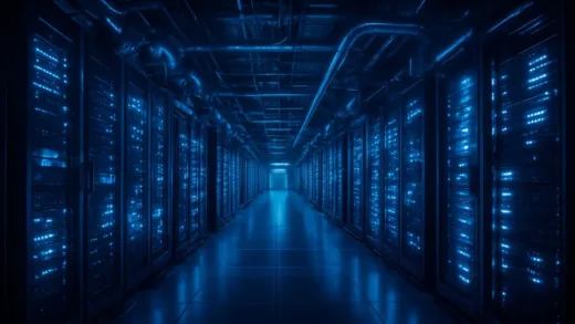 A hyper-realistic futuristic Amazon data center with glowing blue lights and advanced cooling systems, representing massive AI infrastructure, cinematic lighting, 8k.