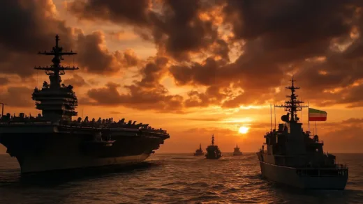 A cinematic view of US aircraft carriers and Iranian warships facing each other in the Persian Gulf under a dramatic sunset sky, highly detailed and realistic.