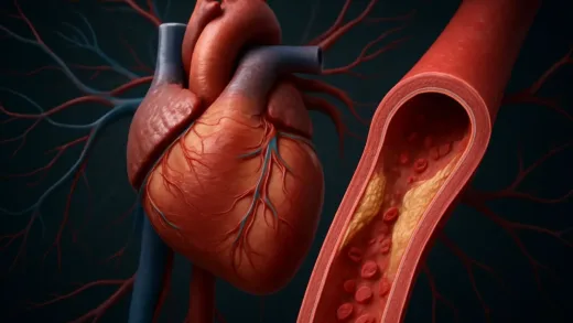 Detailed 3D medical illustration of a human heart and blood vessels, showing a cross-section of an artery with some plaque buildup, high quality, professional lighting.
