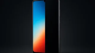 A sleek futuristic smartphone displaying a split screen view where the front view is bright and clear while the side view is dark and hidden, professional product photography style.