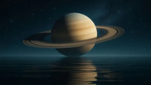 A giant Saturn planet with its rings floating on a vast, calm cosmic ocean reflecting the stars, cinematic and surreal space art style.