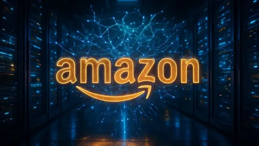 A futuristic Amazon logo integrated with glowing artificial intelligence neural networks and advanced server racks in a high-tech data center, cinematic blue and gold lighting, 8k resolution.