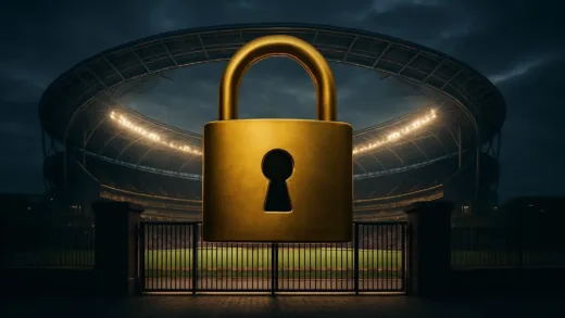 A high-end soccer stadium in London with a giant golden padlock over the gates, cinematic lighting, 8k resolution.