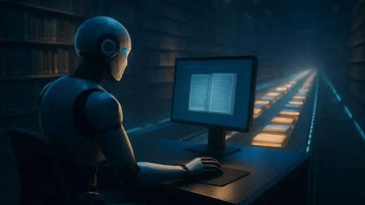 A futuristic library where a robot is clicking a computer mouse, and thousands of digital books are being generated instantly on a high-speed conveyor belt, cinematic lighting.