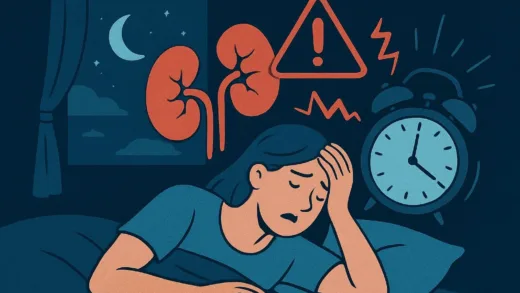 An illustration showing kidney health at night with warning signals and sleep disruption