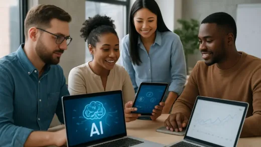 A diverse team collaborating using AI tools on laptops and tablets in a modern office environment