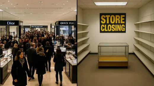 A stark visual contrast between a luxurious, crowded department store with high-end brands and a deserted, small local department store, symbolizing the polarization in sales