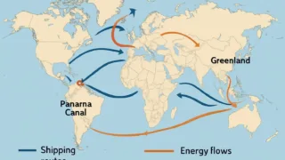 A world map showing strategic choke points: Hormuz Strait, Panama Canal, Venezuela, and Greenland with shipping routes and energy flows visualized