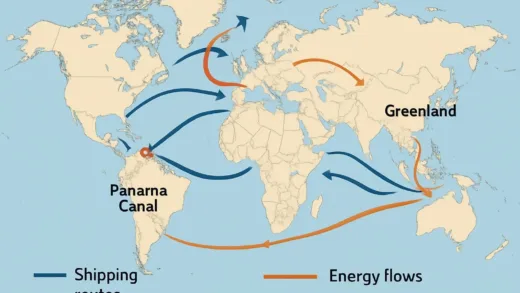 A world map showing strategic choke points: Hormuz Strait, Panama Canal, Venezuela, and Greenland with shipping routes and energy flows visualized