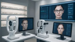 A modern, high-tech optometry clinic with 3D scanning equipment and digital displays showing facial analysis, with stylish eyeglasses on display in the background.