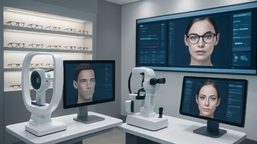 A modern, high-tech optometry clinic with 3D scanning equipment and digital displays showing facial analysis, with stylish eyeglasses on display in the background.