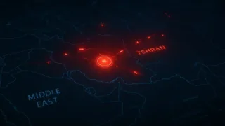 High-tech tactical map of Middle East with Tehran highlighted, glowing red indicators of airstrikes, 3D digital interface style, cinematic lighting.
