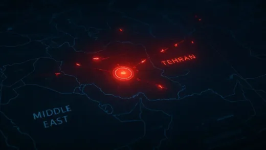 High-tech tactical map of Middle East with Tehran highlighted, glowing red indicators of airstrikes, 3D digital interface style, cinematic lighting.