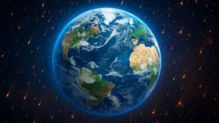 Earth surrounded by falling space dust, viewed from space, vibrant, scientific, 3D render