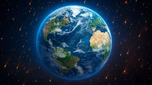 Earth surrounded by falling space dust, viewed from space, vibrant, scientific, 3D render