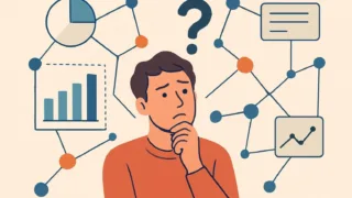 A perplexed person looking at abstract data concepts, with lines and nodes connecting.