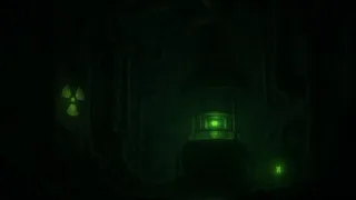 The dark and eerie interior of a ruined nuclear reactor with glowing radioactive elements, covered in thick, black velvety fungi creeping up the walls and pipes in a cinematic atmosphere.