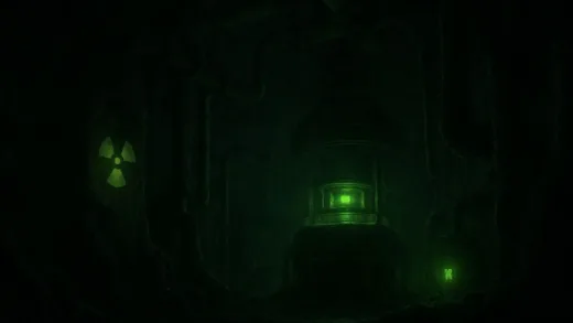 The dark and eerie interior of a ruined nuclear reactor with glowing radioactive elements, covered in thick, black velvety fungi creeping up the walls and pipes in a cinematic atmosphere.