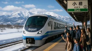 A fast airport train arriving at Otaru station, with excited travelers and snow-capped mountains in the background, Hokkaido, Japan, 2026, mobile friendly.