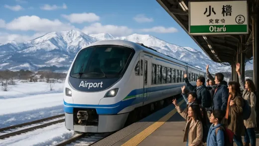 A fast airport train arriving at Otaru station, with excited travelers and snow-capped mountains in the background, Hokkaido, Japan, 2026, mobile friendly.