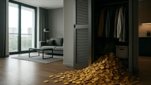 A professional cinematic shot of a modern apartment interior with gold coins spilling out of a cluttered closet, symbolizing wasted space value.