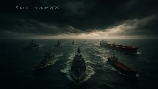 A dramatic aerial view of the Strait of Hormuz in 2026 with naval ships and oil tankers under a dark, stormy sky, cinematic lighting, 8k resolution.