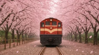 A beautiful cherry blossom tunnel at Gyeonghwa Station in Jinhae, South Korea, with a vintage train on the tracks and pink petals falling in the spring breeze.