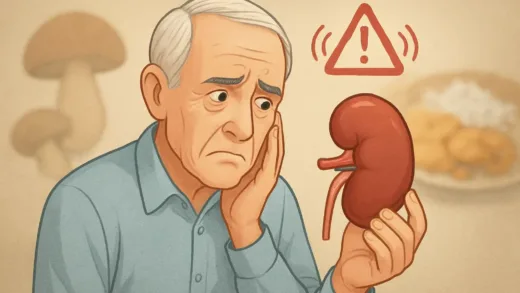 A worried elderly man looking at his kidney, with mushrooms and salty food blurred in the background, a subtle alarm symbol.