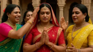 A group of Hijras in colorful traditional Indian attire, performing a blessing ceremony, with a mix of joy and solemnity on their faces. Traditional Indian architecture in the background.