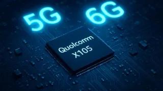 Qualcomm X105 modem chip on a circuit board with 5G and 6G symbols glowing in the background, futuristic technology