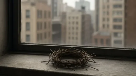 A minimalist pigeon nest made of just a few twigs on a windowsill in an urban setting, with a city background