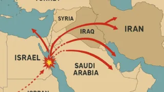 Geopolitical map of Middle East showing military conflict between Iran and Israel with missile trajectories and troop movements