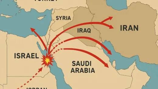 Geopolitical map of Middle East showing military conflict between Iran and Israel with missile trajectories and troop movements
