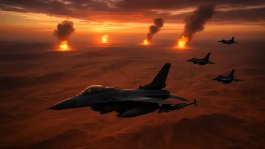 A dramatic aerial view of military aircraft flying over Middle Eastern desert landscape at dusk, with explosions in the distance