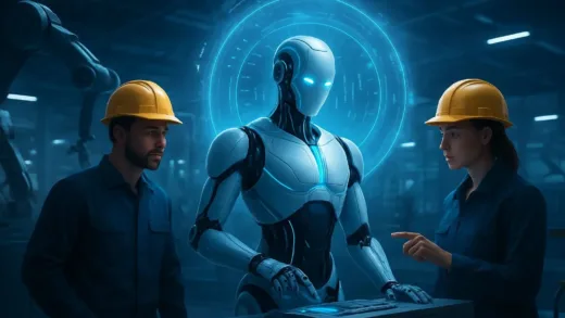 A sleek, advanced robot collaborating with humans in a futuristic factory, illuminated by an aura of artificial intelligence.