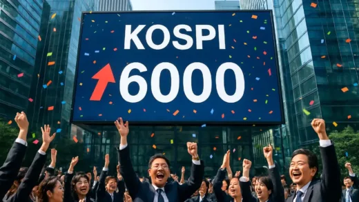 South Korean KOSPI stock index reaching 6000 points on digital display with celebratory atmosphere in financial district