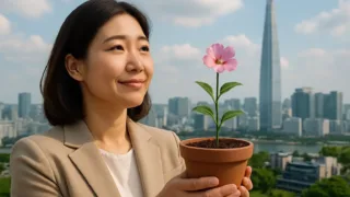 A small business owner looking hopefully at a blooming flower, representing a new start, with Seoul city skyline in the background, daytime.