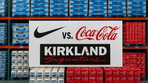 Kirkland Signature products displayed in massive quantities at Costco warehouse with comparison graphics showing Nike and Coca-Cola logos