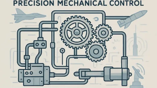A complex diagram showing precision mechanical control with gears and hydraulic lines, subtly hinting at aerospace and defense elements in the background, professional and intricate.